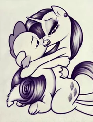 Size: 680x891 | Tagged: suggestive, artist:dubstepina, derpibooru import, rarity, spike, female, foalcon, french kiss, interspecies, intertwined tails, kissing, male, monochrome, shipping, sparity, straight, straight shota