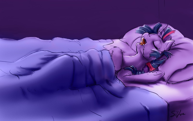 Size: 1280x802 | Tagged: safe, artist:silfoe, derpibooru import, twilight sparkle, twilight sparkle (alicorn), alicorn, pony, royal sketchbook, bed, drool, eyes closed, female, mare, on back, open mouth, sleeping, smiling, solo