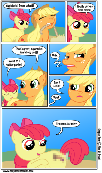 Size: 563x958 | Tagged: apple bloom, applejack, artist:alex di stasi, censored, comic, derpibooru import, fail, questionable, tattoo