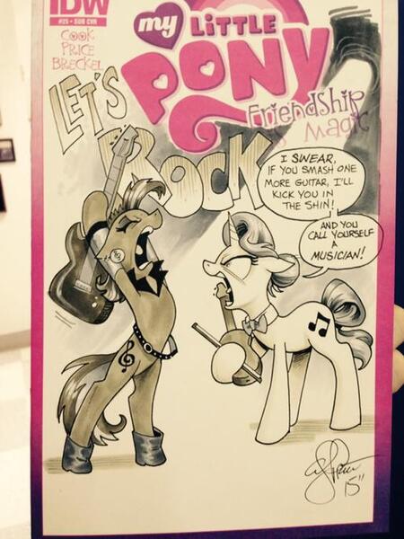 Size: 514x685 | Tagged: safe, artist:andypriceart, derpibooru import, idw, octavia melody, vinyl scratch, earth pony, pony, unicorn, alternate universe, andy you magnificent bastard, angry, comic cover, cover, eyes closed, female, floppy ears, glare, guitar, mare, open mouth, rocktavia, role reversal, traditional art, vinyl class, violin, yelling