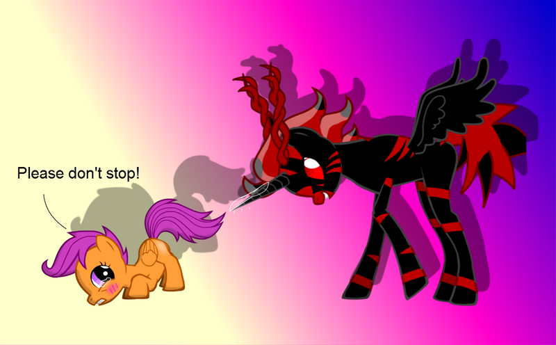 Size: 1059x657 | Tagged: questionable, derpibooru import, scootaloo, alicorn, pony, pony creator, abomination, blushing, crying, face down ass up, foalcon, grin, gritted teeth, looking back, magic, parody, pony creator porn, quality