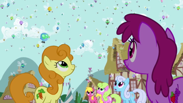 Size: 640x360 | Tagged: safe, derpibooru import, screencap, berry punch, berryshine, carrot top, cherry berry, daisy, flower wishes, golden harvest, linky, shoeshine, earth pony, parasprite, pony, swarm of the century, background pony, female, looking up, mare, swarm