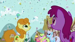 Size: 640x360 | Tagged: safe, derpibooru import, screencap, berry punch, berryshine, carrot top, cherry berry, daisy, flower wishes, golden harvest, linky, shoeshine, earth pony, parasprite, pony, swarm of the century, background pony, female, looking up, mare, swarm