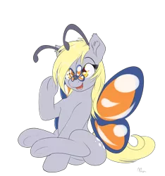 Size: 1450x1550 | Tagged: safe, artist:alasou, deleted from derpibooru, derpibooru import, derpy hooves, butterfly, pegasus, pony, animal costume, butterfly wings, clothes, cute, derpabetes, female, mare, sitting, solo, underhoof