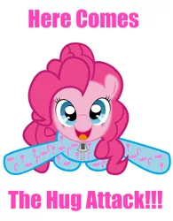 Size: 1916x2462 | Tagged: artist:spellboundcanvas, bronybait, clothes, derpibooru import, footed sleeper, hug, image macro, incoming hug, meme, pajamas, pinkie pie, pink text, safe