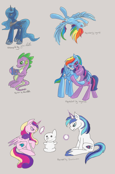 Size: 2892x4355 | Tagged: safe, artist:glacialfalls, derpibooru import, princess cadance, princess luna, rainbow dash, shining armor, spike, twilight sparkle, twilight sparkle (alicorn), alicorn, pony, book, female, lesbian, mare, shipping, snowman, twidash