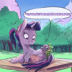Size: 1024x1024 | Tagged: safe, artist:imsokyo, derpibooru import, spike, twilight sparkle, dragon, pony, unicorn, daily life of spike, alternate hairstyle, baby spike, book, cute, dialogue, duo, female, filly, filly twilight sparkle, first words, like mother like son, long, male, mama twilight, mare, one word, open mouth, pompeii, ponytail, prone, smiling, spikabetes, unicorn twilight, younger
