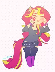 Size: 793x1034 | Tagged: safe, artist:milkrainn, derpibooru import, sunset shimmer, anthro, human, equestria girls, ambiguous facial structure, cute, ear piercing, eared humanization, eyes closed, humanized, peace sign, piercing, ponied up, pony ears, shimmerbetes, solo