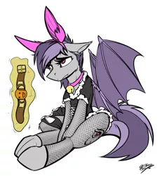 Size: 2206x2388 | Tagged: suggestive, artist:ralek, derpibooru import, oc, oc:sunny sheila, unofficial characters only, bat pony, pony, ballgag, bell, bell collar, bunny ears, clothes, collar, fishnets, french maid, gag, maid, smiley gag, solo