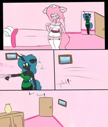 Size: 920x1073 | Tagged: suggestive, artist:honas007, derpibooru import, queen chrysalis, oc, oc:fluffle puff, anthro, comic:unespected checkup, and then sex happened, breasts, busty fluffle puff, busty queen chrysalis, canon x oc, chrysipuff, comic, dialogue, eyes on the prize, female, lesbian, looking down, nurse, shipping, short dress, text, tongue out