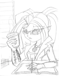 Size: 931x1200 | Tagged: safe, artist:woodcase, derpibooru import, aria blaze, equestria girls, coffee, glasses, monochrome, sketch