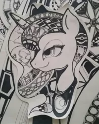 Size: 550x689 | Tagged: artist:patterndream, derpibooru import, dream, head, monochrome, moon, pattern, princess luna, safe, solo, zentangle