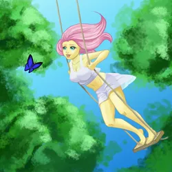 Size: 3000x3000 | Tagged: artist:jay156, barefoot, beautiful, belly button, breasts, busty fluttershy, butterfly, clothes, derpibooru import, feet, female, fluttershy, human, humanized, midriff, open mouth, pony coloring, redraw, safe, skirt, smiling, solo, swing, tanktop, toes