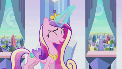 Size: 864x486 | Tagged: animated, bags under eyes, cloud, crystal, crystal castle, darkness, derpibooru import, eyes closed, gritted teeth, king sombra, laughing, magic, princess cadance, raised hoof, safe, screencap, sigh, smiling, street, talking, the crystal empire, tired, wince, window