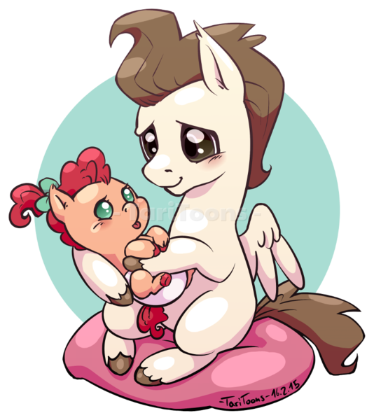 Size: 801x900 | Tagged: safe, artist:taritoons, derpibooru import, pound cake, oc, oc:fairy bread, earth pony, pegasus, pony, baby, baby pony, cel shading, colt, cute, daaaaaaaaaaaw, foal, holding a pony, male, offspring, older, parent:cheese sandwich, parent:pinkie pie, parents:cheesepie, poundabetes, simple background, sitting, transparent background
