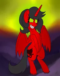 Size: 500x625 | Tagged: safe, artist:sovereignbooty, derpibooru import, oc, oc:wicked heart, unofficial characters only, alicorn, demon, pony, alicorn oc, bipedal, sharp teeth, solo, teeth