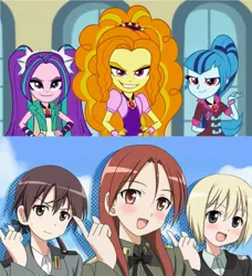 Size: 1275x1395 | Tagged: safe, derpibooru import, adagio dazzle, aria blaze, sonata dusk, equestria girls, rainbow rocks, comparison, erica hartmann, gertrud barkhorn, minna-dietlinde wilcke, strike witches, the dazzlings