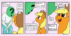 Size: 1276x643 | Tagged: safe, derpibooru import, edit, applejack, oc, oc:anon, human, pony, behaving like a dog, comic, cute, jackabetes, overanalyzing, parody, silly, silly pony, starry eyes, thought bubble, three panel soul, who's a silly pony