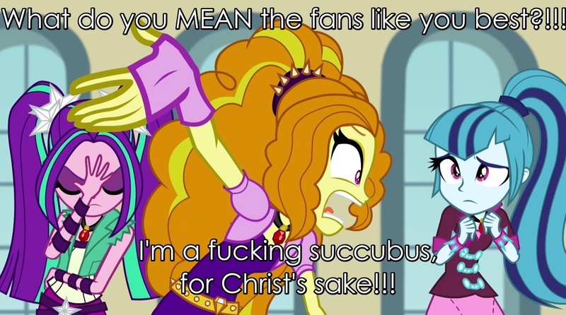 Size: 1280x714 | Tagged: safe, derpibooru import, edit, screencap, adagio dazzle, aria blaze, sonata dusk, equestria girls, rainbow rocks, angry, audience reaction, cute, jealous, vulgar