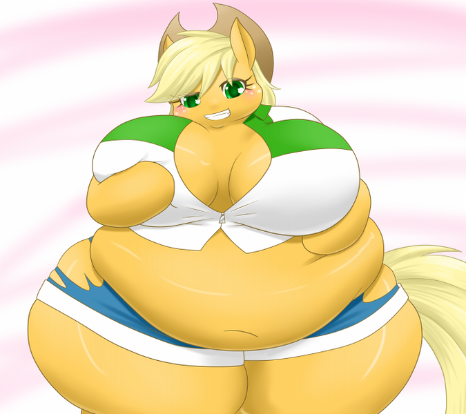 Size: 700x622 | Tagged: amplejack, anthro, applebucking thighs, applefat, applejack, arm hooves, artist:yumekaze, bbw, belly, belly button, breasts, busty applejack, cleavage, derpibooru import, equestria girls outfit, fat, female, morbidly obese, muffin top, obese, questionable, semi-anthro, smiling, solo, solo female, ssbbw, thunder thighs, wide hips