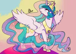 Size: 1024x731 | Tagged: artist:sofilut, derpibooru import, looking up, princess celestia, safe, solo, spread wings