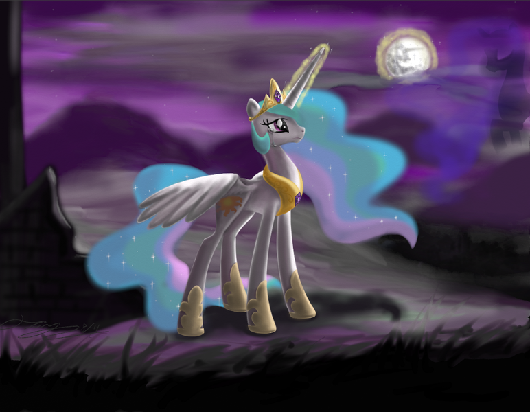 Size: 1275x991 | Tagged: artist:marcylin1023, crying, derpibooru import, mare in the moon, moon, night, princess celestia, safe, solo, spread wings