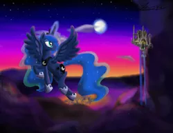 Size: 1389x1075 | Tagged: artist:marcylin1023, canterlot, derpibooru import, flying, magic, moon, moonrise, ponyville, princess luna, safe, solo