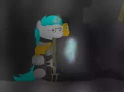 Size: 1280x949 | Tagged: safe, artist:minty candy, derpibooru import, oc, oc:minty candy, oc:twintails, unofficial characters only, pegasus, pony, unicorn, fallout equestria, fallout equestria: occupational hazards, armor, clothes, door, magic, plushie, stable 76, story, telekinesis