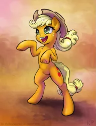 Size: 975x1275 | Tagged: safe, artist:kp-shadowsquirrel, derpibooru import, part of a set, applejack, pony, bipedal, cute, fluffy, jackabetes, open mouth, rearing, smiling, solo, underhoof