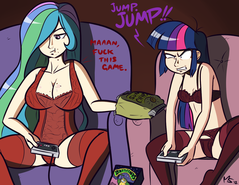 Size: 1347x1041 | Tagged: artist:ashesg, artist:megasweet, battletoads, bra, breasts, busty princess celestia, clothes, color edit, controller, corset, derpibooru import, female, gamer celestia, garter belt, human, humanized, lingerie, nintendo entertainment system, panties, princess celestia, red underwear, socks, stockings, suggestive, thigh highs, twilight sparkle, underwear, video game, vulgar