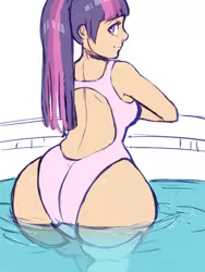 Size: 600x800 | Tagged: alternate hairstyle, artist:the-rasp-b, ass, breasts, busty twilight sparkle, clothes, derpibooru import, edit, female, human, humanized, large butt, light skin, looking at you, looking back, one-piece swimsuit, open-back swimsuit, ponytail, sexy, sideboob, smiling, solo, solo female, source needed, suggestive, swimming pool, swimsuit, the ass was fat, twibutt, twilight sparkle, wedgie, wide hips