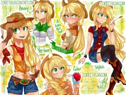 Size: 1280x960 | Tagged: abs, apple, applejack, artist:zorbitas, belly button, blushing, boots, clothes, cute, daisy dukes, denim, derpibooru import, equestria girls outfit, fingerless gloves, garters, gloves, human, humanized, light skin, midriff, neckerchief, raised eyebrow, safe, scarf, shirt, solo, stockings, vest