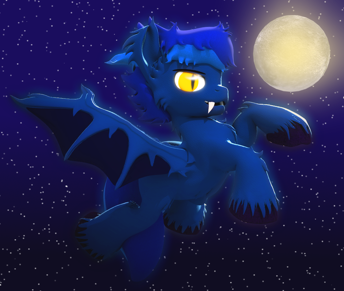 Size: 982x832 | Tagged: safe, artist:sherfur, derpibooru import, oc, oc:shooting star, unofficial characters only, bat pony, pony, 3d, fangs, moon, solo, unshorn fetlocks