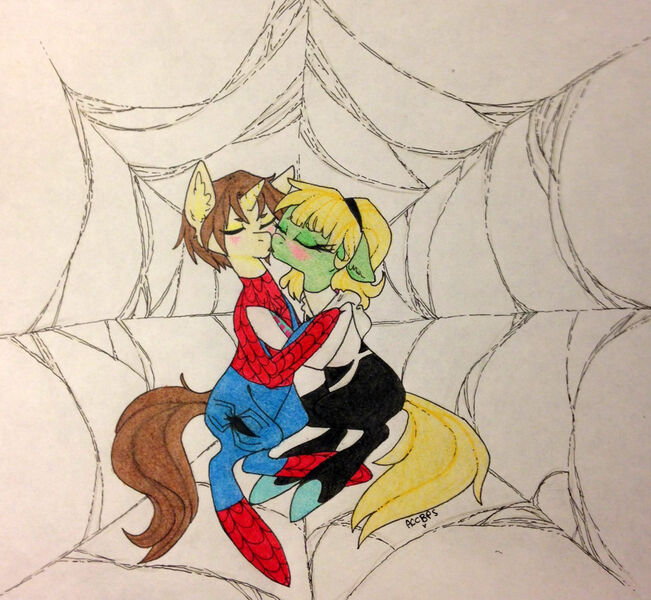 Size: 1102x1015 | Tagged: safe, artist:ameliacostanza, derpibooru import, ponified, earth pony, pony, unicorn, crossover, cute, female, gwen stacy, kissing, love, male, marvel, non-mlp shipping, peter parker, romance, shipping, spider web, spider-gwen, spider-man, spiders and magic: rise of spider-mane, straight, traditional art