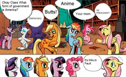 Size: 800x490 | Tagged: suggestive, derpibooru import, edit, idw, applejack, fluttershy, pinkie pie, rainbow dash, rarity, twilight sparkle, twilight sparkle (alicorn), alicorn, earth pony, pegasus, pony, unicorn, spoiler:comic, spoiler:comic17, exploitable meme, female, hatsune miku, mane 6 interests, mane six, mare, meme, misspelling, pregnant, vocaloid