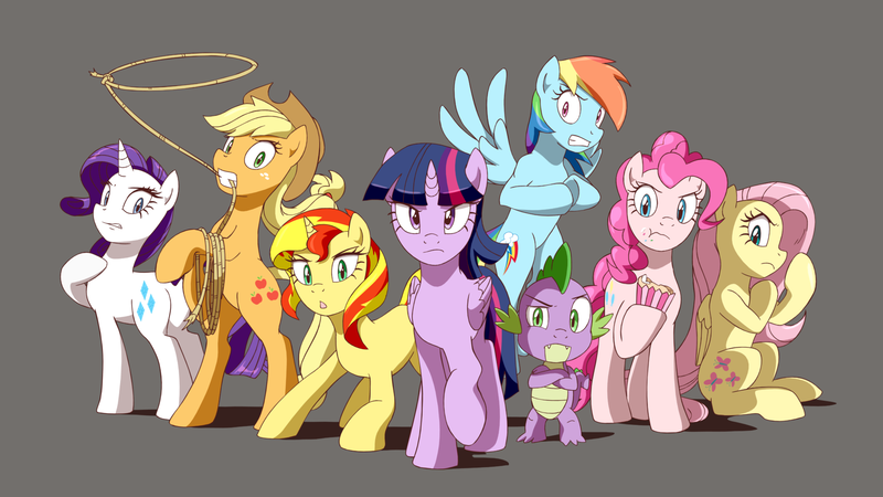 Size: 1920x1080 | Tagged: safe, artist:deannart, derpibooru import, applejack, fluttershy, pinkie pie, rainbow dash, rarity, spike, sunset shimmer, twilight sparkle, twilight sparkle (alicorn), alicorn, pony, action pose, alternate mane seven, angry, badass, cupcake, female, flutterbadass, mane seven, mane six, mare, rope, wallpaper