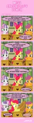 Size: 648x2337 | Tagged: safe, artist:henbe, derpibooru import, apple bloom, cheerilee, scootaloo, sweetie belle, earth pony, pegasus, pony, unicorn, awkward, classroom, comic, cutie mark crusaders, female, filly, hearts and hooves day, horse collar, implied cheerimac, implied sex, misspelling, offscreen character, wavy mouth, wide eyes