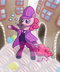 Size: 1000x1200 | Tagged: safe, artist:alipes, derpibooru import, pinkie pie, pony, bipedal, clothes, detective, hat, pipe, solo