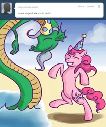 Size: 500x600 | Tagged: artist:alipes, ask, ask pinkie pierate, derpibooru import, eyes closed, hat, party hat, pinkie pie, safe, sea serpent, tumblr