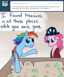 Size: 1000x1200 | Tagged: safe, artist:alipes, derpibooru import, pinkie pie, rainbow dash, pony, ask pinkie pierate, ask, bipedal, clothes, eyepatch, hat, map, pirate, sword, tumblr, weapon