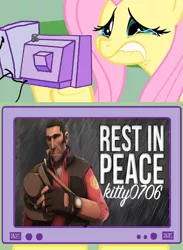 Size: 563x771 | Tagged: derpibooru import, exploitable meme, fluttercry, fluttershy, kitty0706, meme, obligatory pony, rest in peace, sad, safe, sniper, team fortress 2, tv meme