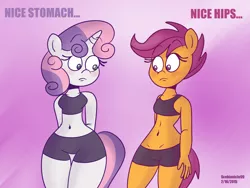 Size: 4000x3000 | Tagged: anthro, artist:scobionicle99, ask nudist sweetie belle, belly button, clothes, comparison, derpibooru import, dialogue, logic, midriff, scootaloo, shorts, sports bra, suggestive, sweetie belle, wide hips