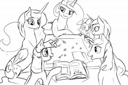 Size: 1280x853 | Tagged: safe, artist:silfoe, derpibooru import, princess cadance, princess celestia, princess luna, shining armor, spike, twilight sparkle, twilight sparkle (alicorn), alicorn, pony, royal sketchbook, alicorn tetrarchy, female, grayscale, mare, monochrome, ogres and oubliettes, sketch, tabletop game