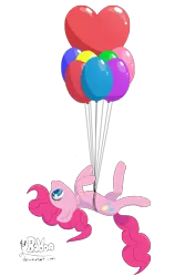 Size: 2000x3000 | Tagged: safe, artist:ponballoon, deleted from derpibooru, derpibooru import, pinkie pie, earth pony, pony, balloon, cute, female, floating, heart, heart balloon, mare, smiling, solo, then watch her balloons lift her up to the sky, upside down