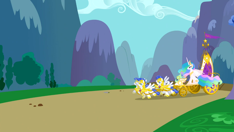 Size: 1366x768 | Tagged: safe, derpibooru import, screencap, princess celestia, swarm of the century, chariot, royal guard