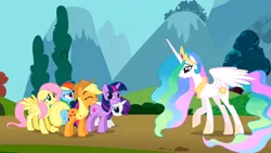 Size: 1366x768 | Tagged: safe, derpibooru import, screencap, applejack, fluttershy, princess celestia, rainbow dash, rarity, twilight sparkle, alicorn, earth pony, pegasus, pony, unicorn, swarm of the century, crown, ethereal mane, faic, female, great moments in animation, hoof shoes, jewelry, mare, meme origin, peytral, regalia, twiface, unicorn twilight, varying degrees of want, wrong neighborhood