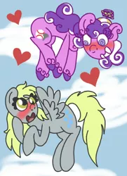 Size: 594x820 | Tagged: safe, artist:colorfulwonders, derpibooru import, derpy hooves, screwball, pegasus, pony, blushing, derpball, female, flying, heart, lesbian, mare, shipping