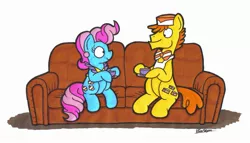 Size: 2801x1607 | Tagged: safe, artist:bobthedalek, derpibooru import, carrot cake, cup cake, earth pony, pony, couch, duo, saucer, tea, teacup