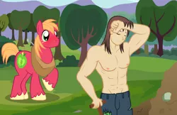 Size: 4808x3106 | Tagged: suggestive, artist:badumsquish, derpibooru import, big macintosh, oc, oc:anon, oc:generic messy hair anime anon, earth pony, human, pony, abs, bara, bare chest, blushing, clothes, cute, eyes closed, eyes on the prize, gay, human fetish, male, muscles, raised hoof, shovel, stallion, stupid sexy anon, sweat, topless, torn jeans, wide eyes, working