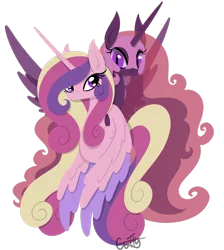 Size: 924x1033 | Tagged: safe, artist:cuttycommando, derpibooru import, princess cadance, alicorn, pony, armor, duality, duo, female, horn, lineless, mare, nightmare cadance, nightmarified, simple background, transparent background, wings